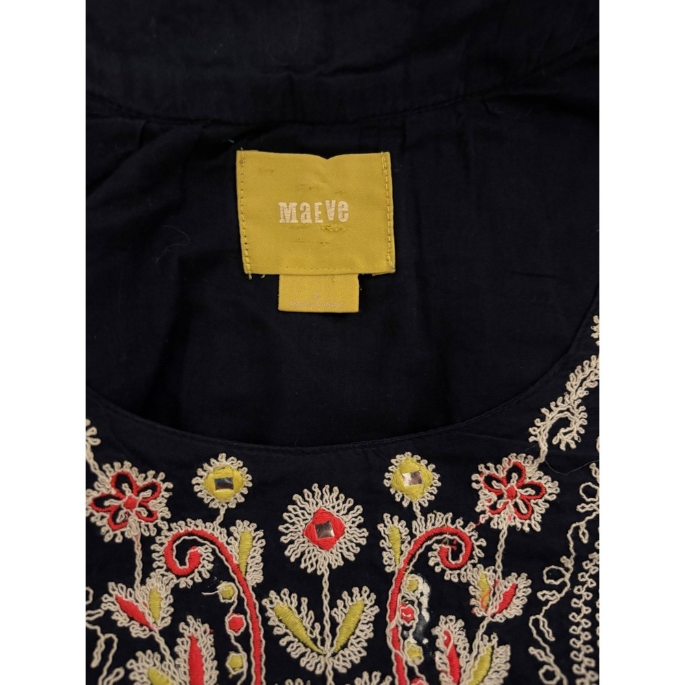 Maeve Anthropologie Navy Embroidered Dress Size 2 Oversized  Boho Tiered Cotton - Picture 3 of 11